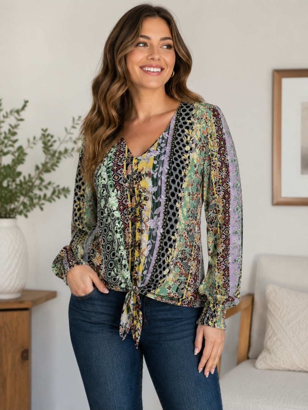 INC International Concepts Mixed Print Tie Front Boho Blouse XL  EUC